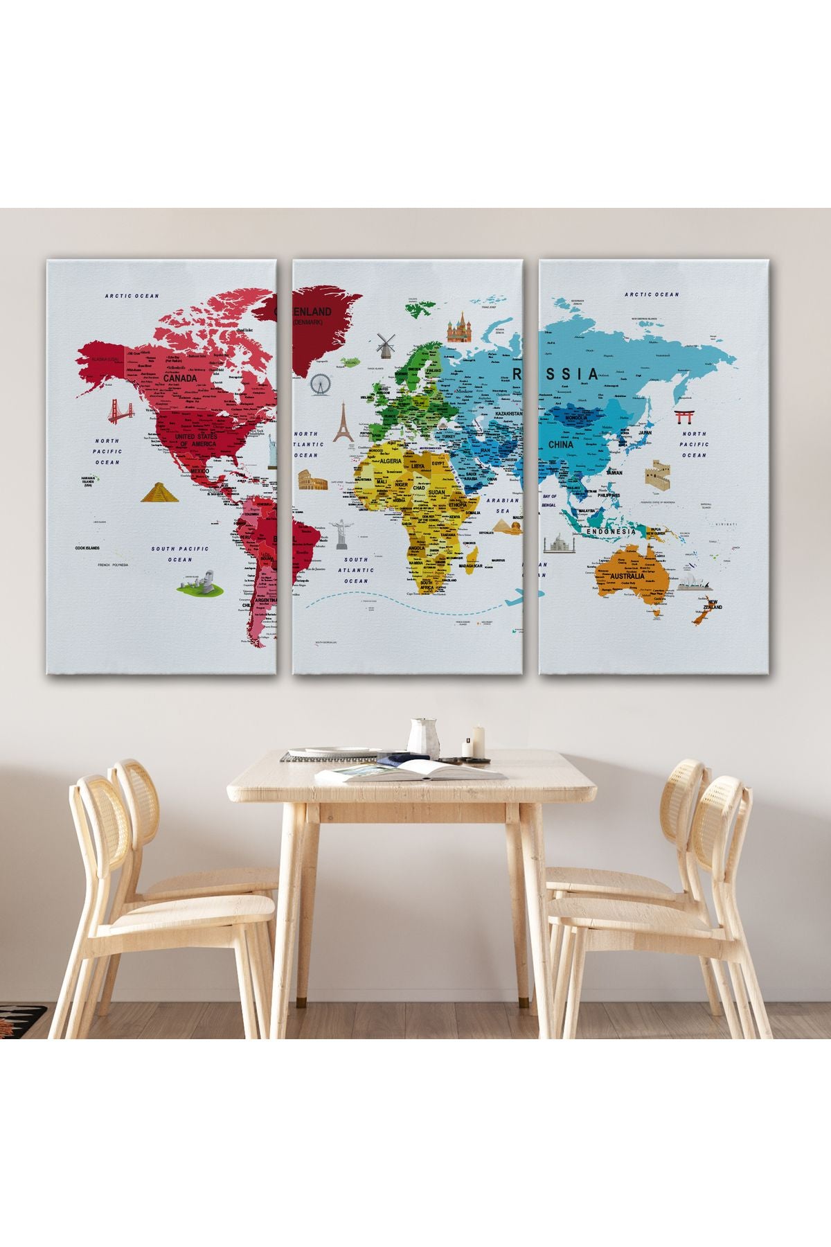 Dünya Haritası Son Derece Ayrıntılı Eğitici  ve Sembollü Dekoratif Kanvas Tablo 3223