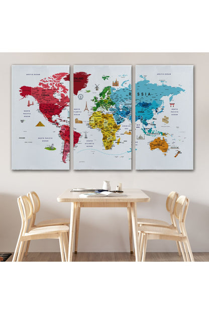 Dünya Haritası Son Derece Ayrıntılı Eğitici  ve Sembollü Dekoratif Kanvas Tablo 3223