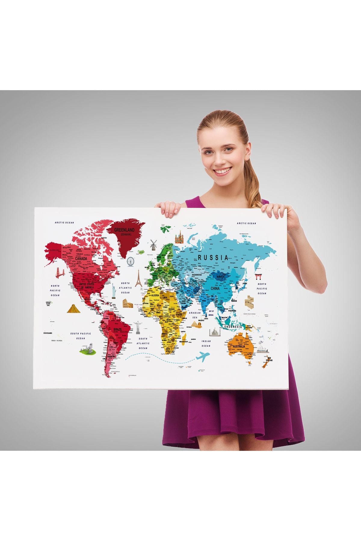 Dünya Haritası Son Derece Ayrıntılı Eğitici  ve Sembollü Dekoratif Kanvas Tablo 3223