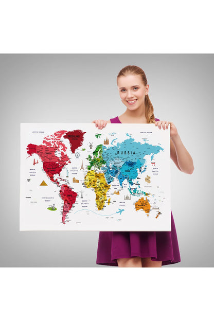 Dünya Haritası Son Derece Ayrıntılı Eğitici  ve Sembollü Dekoratif Kanvas Tablo 3223