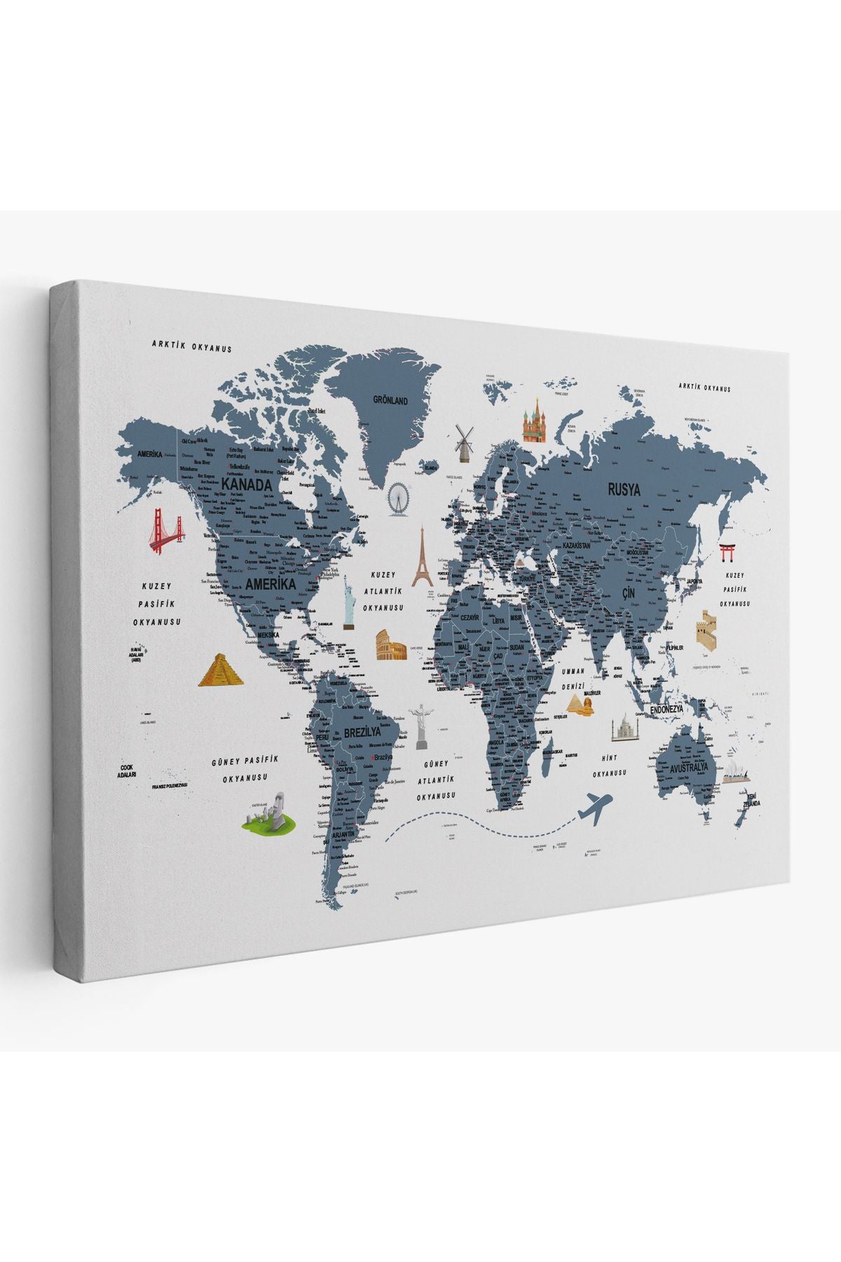 Türkçe Dünya Haritası Son Derece Ayrıntılı Eğitici ve Sembollü Kanvas Tablo 3188