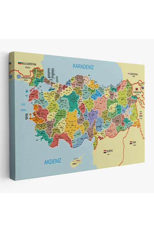Türkiye Haritası Kanvas Tablo İl ve İlçeli Ayrıntılı Eğitici Komşulu Tablo 3006