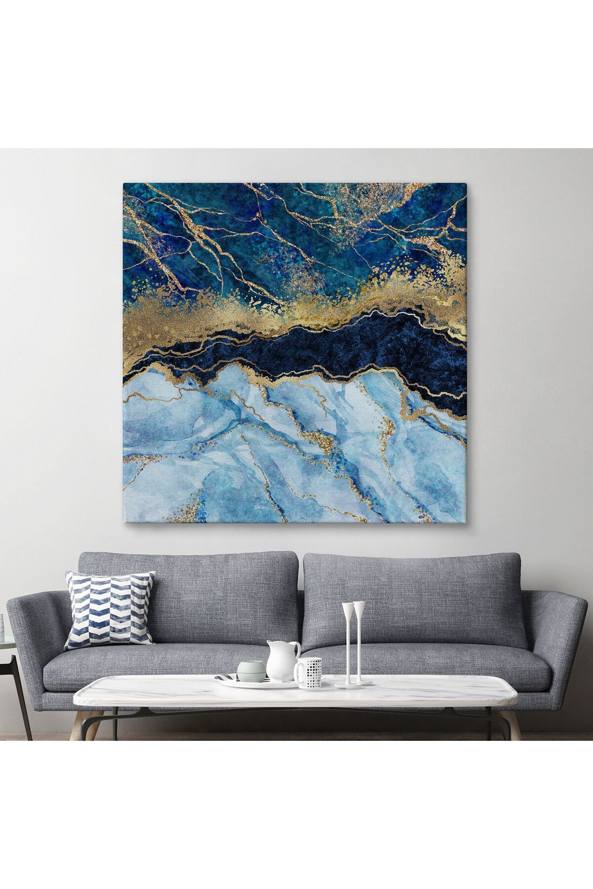 Mavi ve Gold'un Mükemmel Uyumu Mermer Görünümlü Modern Kanvas Tablo-5072