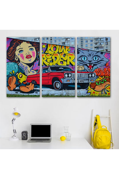 Grafiti İle Yapilmiş Retro Kırmızı Araba Kanvas Tablo-5027