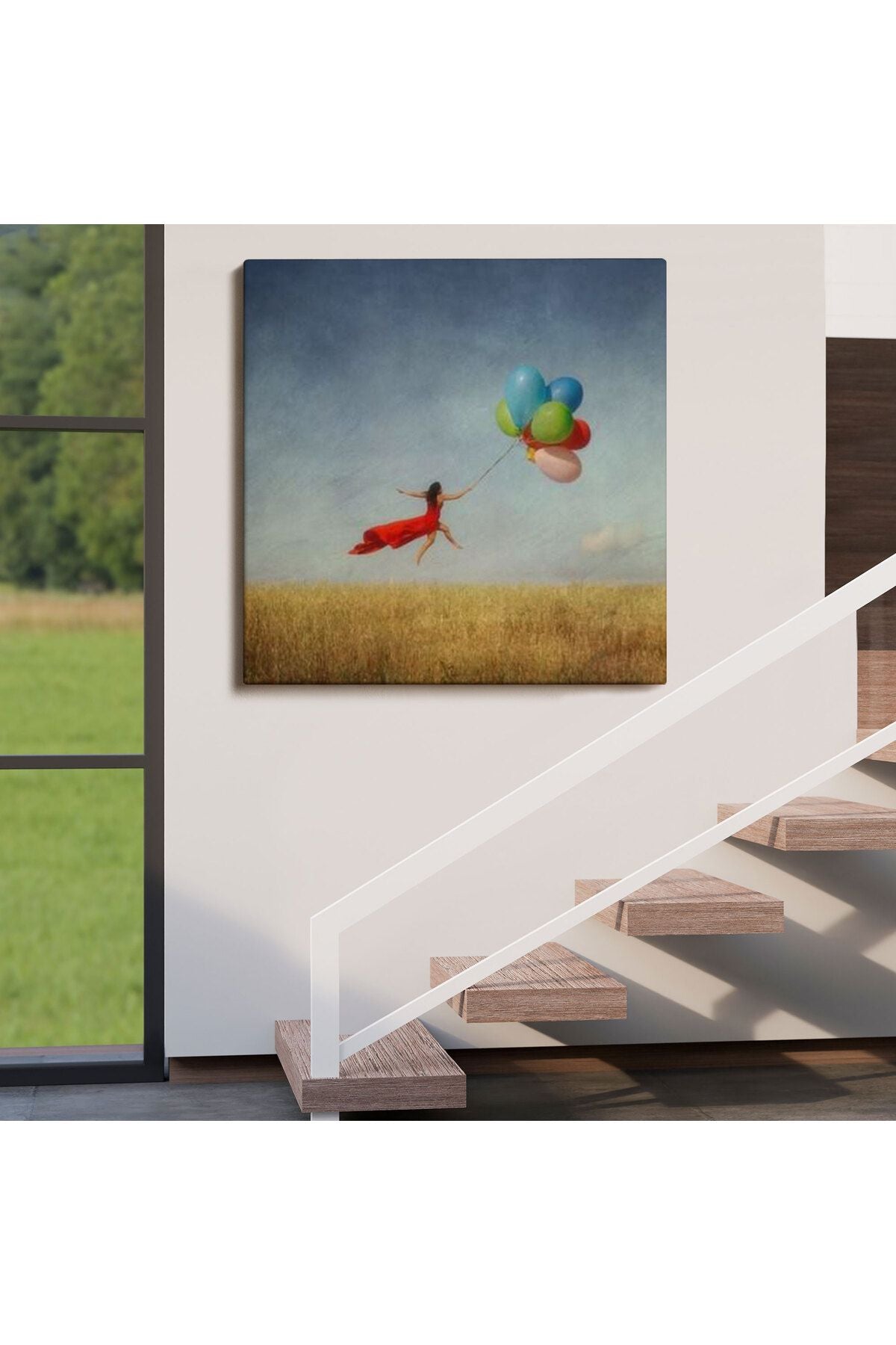 Renkli Balonlarla Uçan Kız Kanvas Tablo-5855