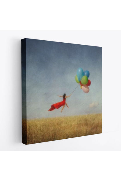 Renkli Balonlarla Uçan Kız Kanvas Tablo-5855