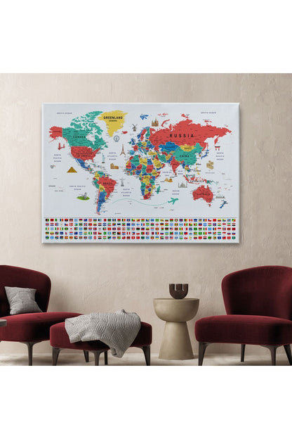 Dünya Haritası Ayrıntılı Eğitici Sembollü Bayraklı Dekoratif Kanvas Tablo 2865
