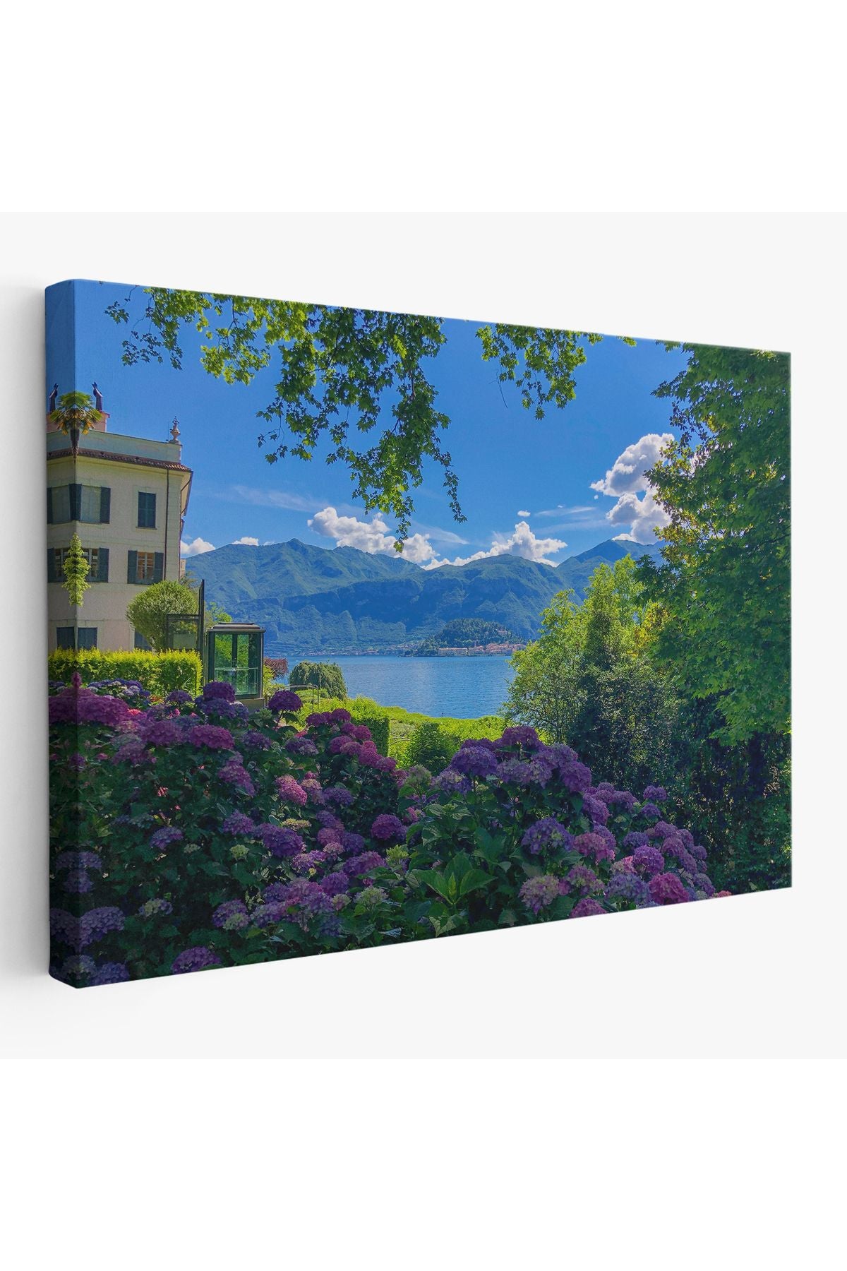 Mor Çiçekler Arasındaki Göl Manzaralı Ev Duvar Tablosu-3673
