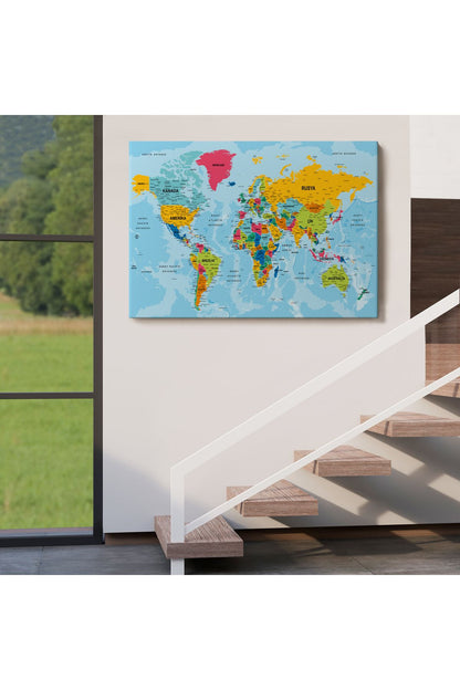 Dünya Haritası Türkçe Kanvas Tablo Ayrıntılı Dekoratif-Okyanuslu 2170