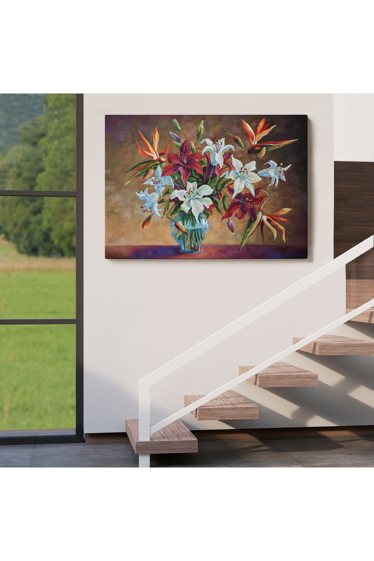 DB Zambak Çiçekleri Yağlıboya Görünüm Dekoratif Kanvas Duvar Tablosu-3602