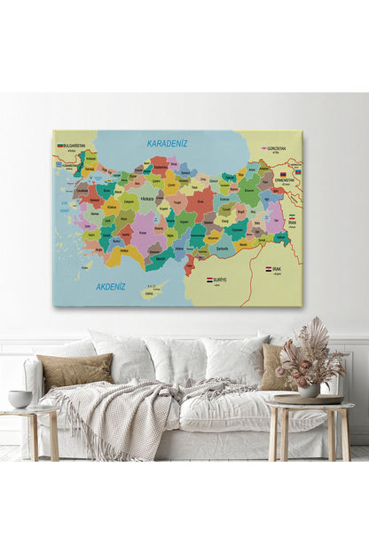 Türkiye Haritası Kanvas Tablo Sınır Komşulu Eğitici Dekoratif Tablo 3096