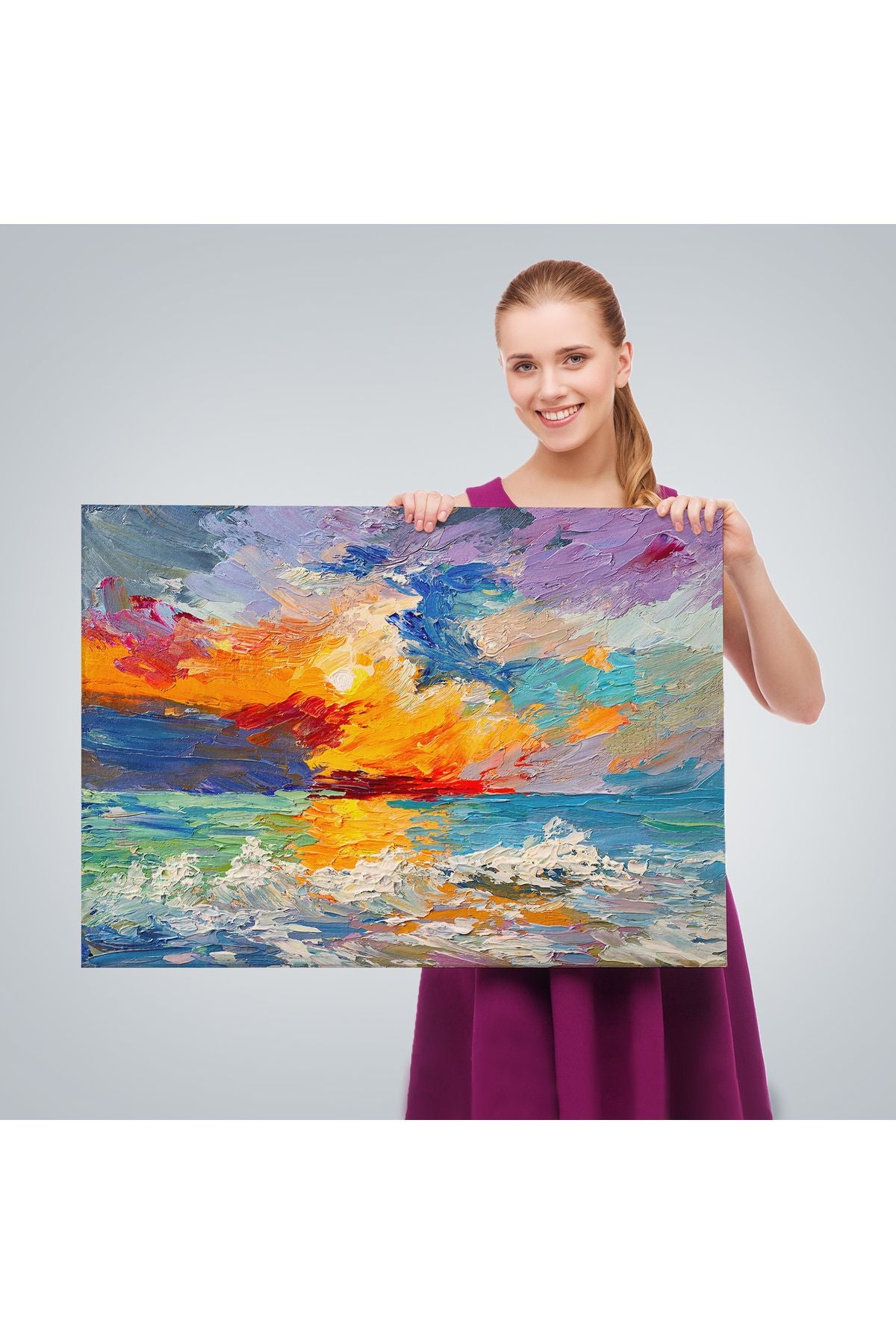 Denizde Gün Batımı Yağlıboya Görünüm Dekoratif Kanvas Duvar Tablosu-3525