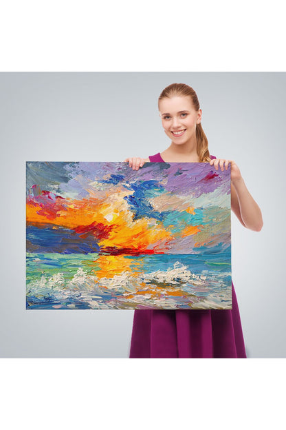 Denizde Gün Batımı Yağlıboya Görünüm Dekoratif Kanvas Duvar Tablosu-3525