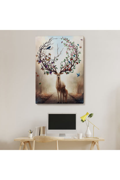 Geyik YBoynuzları Üzerinde Renkli Kuşlar Tablosu-6477