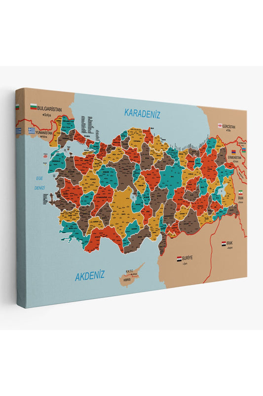 Türkiye Haritası Kanvas Tablo İl ve İlçeli Ayrıntılı Eğitici Komşulu Tablo 3010