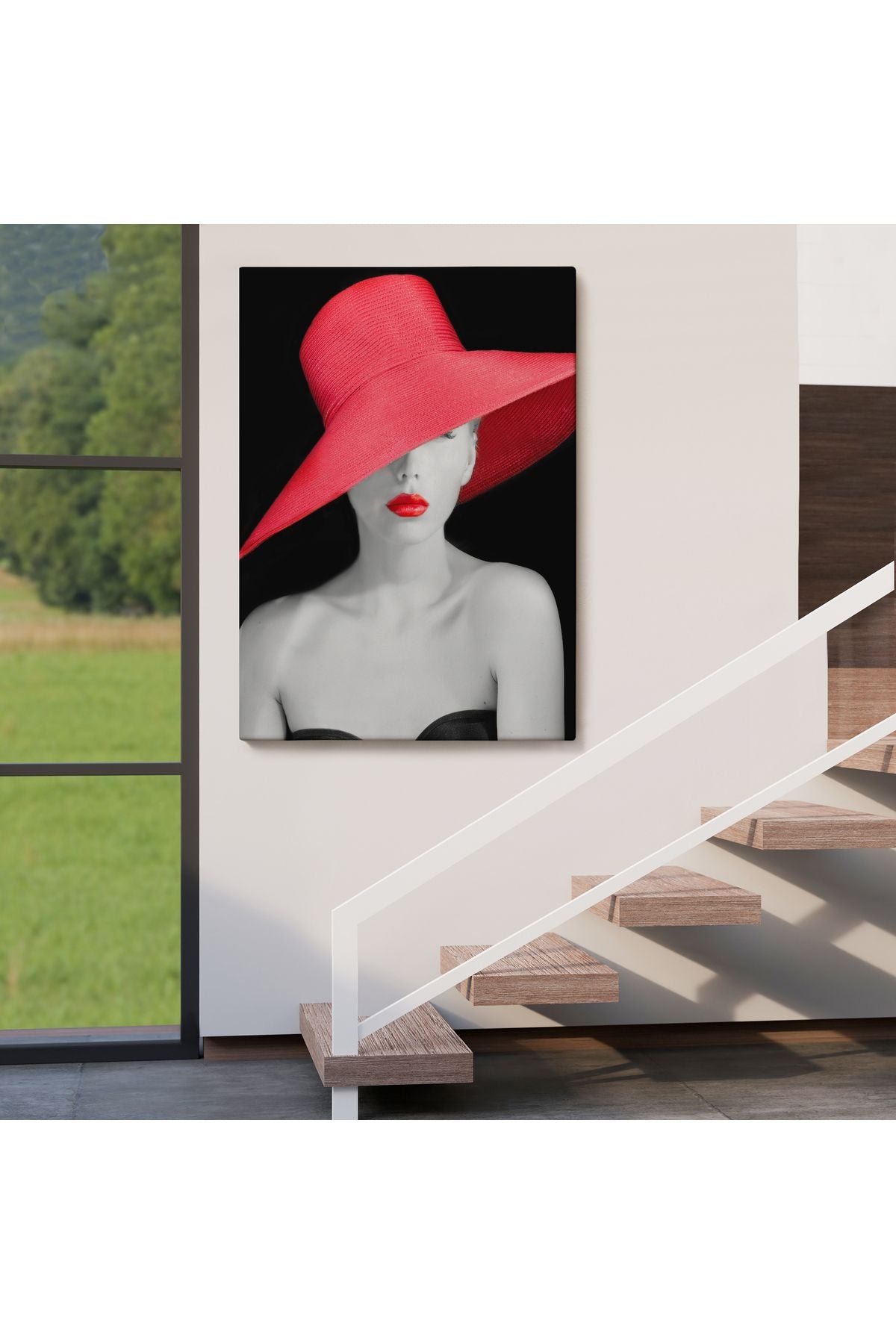 Kırmızı Rujlu ve Kırmızı Şapkalı Zarif Genç Kadın Kanvas Tablosu-4974