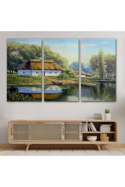 Göl Manzaralı Köy Evi Yağlıboya Görünüm Dekoratif Kanvas Duvar Tablosu-3510
