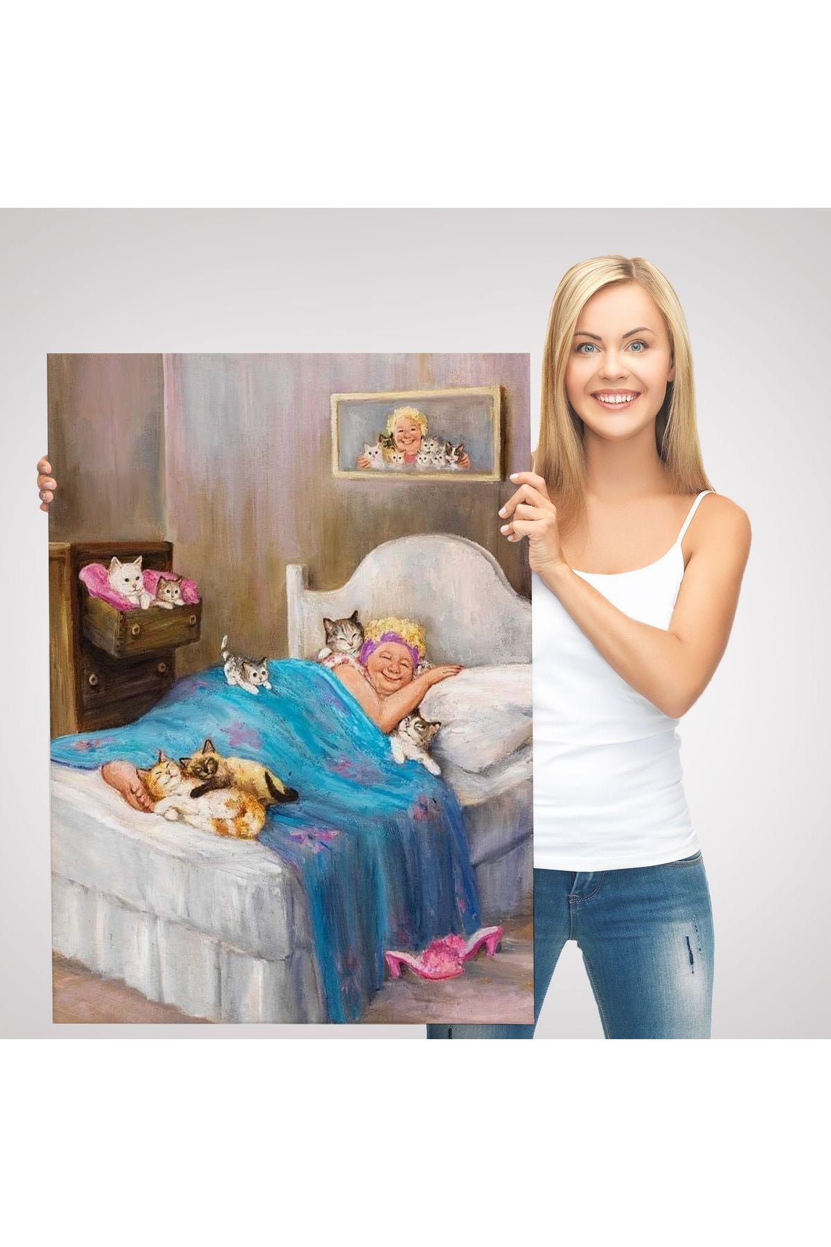 Dianne Denge'in Kedi Sever Yaşlı Kadın Mutluluğun Resmi Tablosu-6383