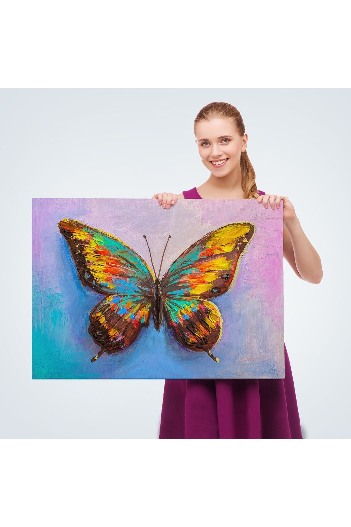 Renkli Kelebek Yağlıboya Görünüm Dekoratif Kanvas Duvar Tablosu-3628