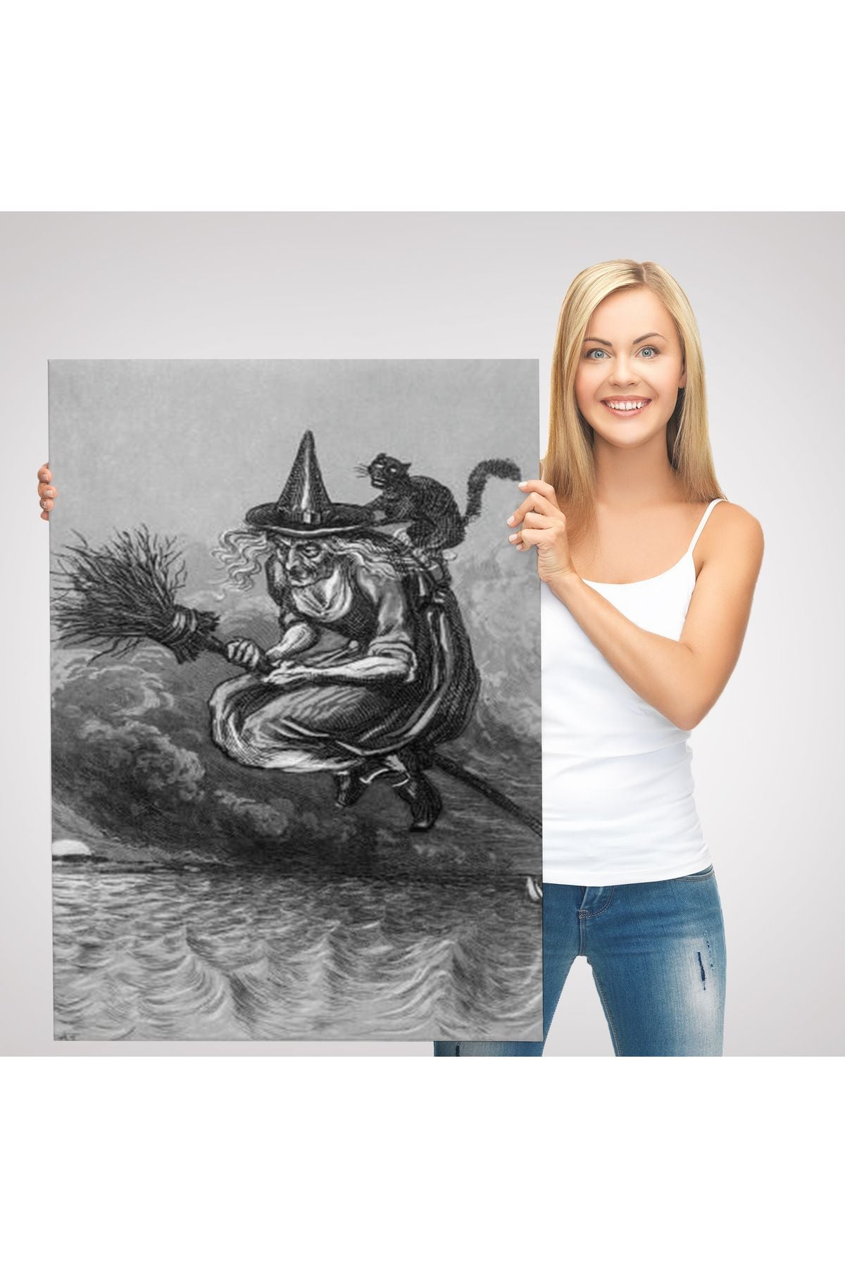 Süpürge ile Uçan Yaşlı Cadı ve Kedisi, Cadılar Bayramı Hediyesi, Hellowen Tablo -6304