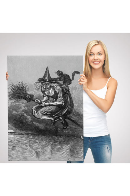 Süpürge ile Uçan Yaşlı Cadı ve Kedisi, Cadılar Bayramı Hediyesi, Hellowen Tablo -6304