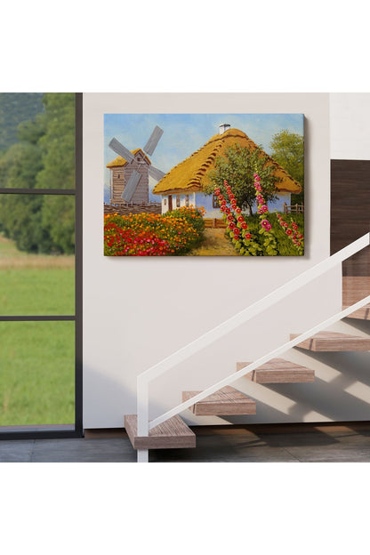 Köy Evi Manzarası Yağlıboya Görünüm Dekoratif Kanvas Duvar Tablosu-3654