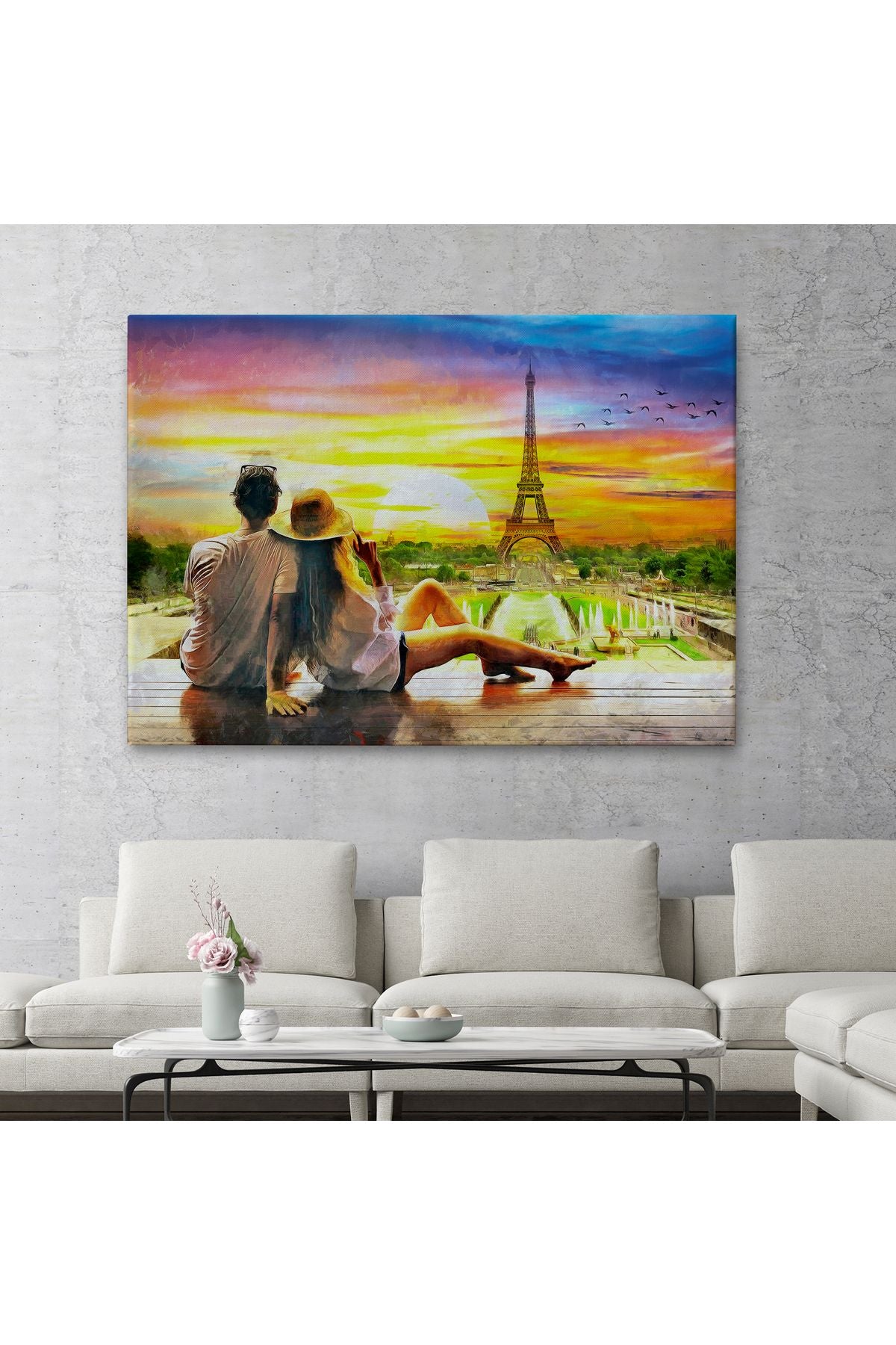 Paris Eyfel Kulesini Seyreden Romantik Çift Kanvas Tablo-3627