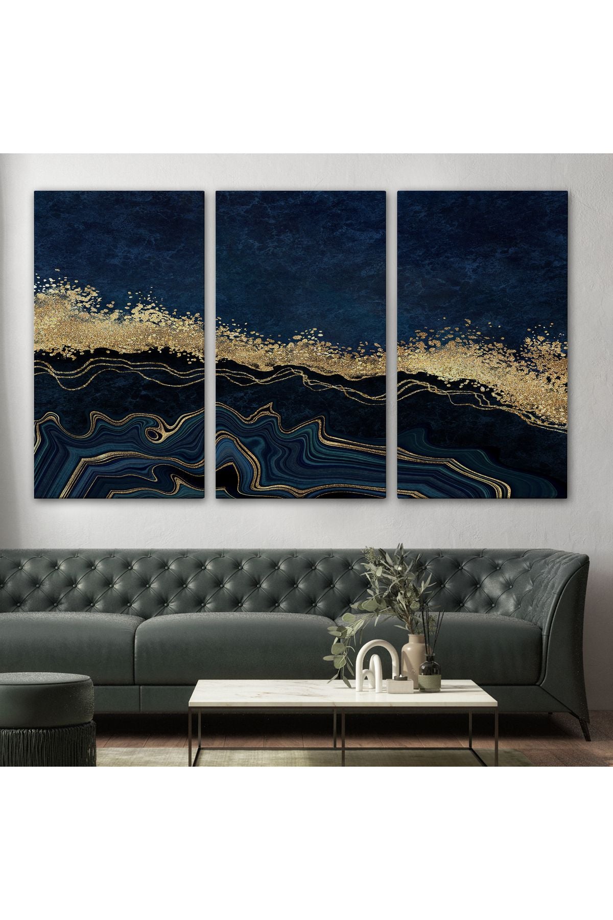 Mavi ve Gold'un Müthiş Uyumu Mermer Görünümlü Modern Kanvas Tablo-5062