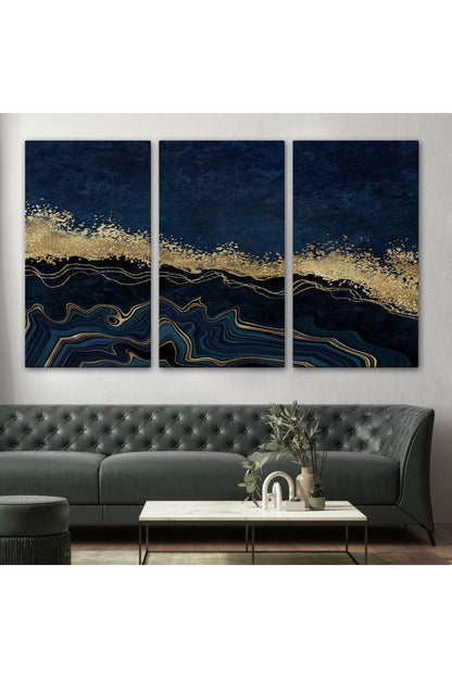 Mavi ve Gold'un Müthiş Uyumu Mermer Görünümlü Modern Kanvas Tablo-5062