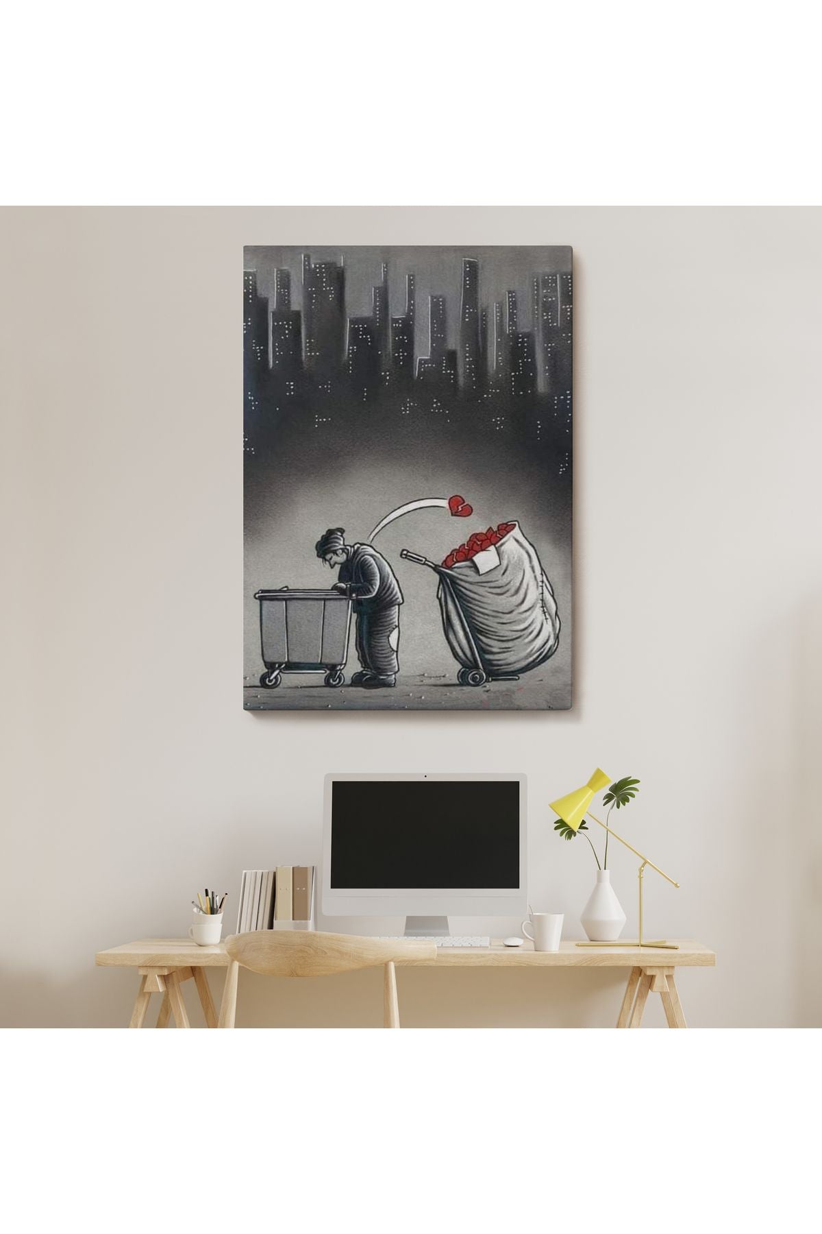 Şehirdeki Kırık Kalpleri Toplayan Çöpçü Duvar Tablosu-6104