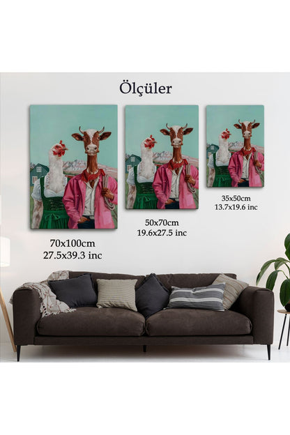 YB HG Tavuk ve İnek Amerikan Gotik Komik Çiftlik Tablosu-6349