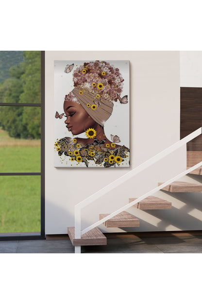Kanvas Tablo, Duvar Dekoru, Afrikalı Güzel Kadın ve Çiçekler 6038 BUNGKNV