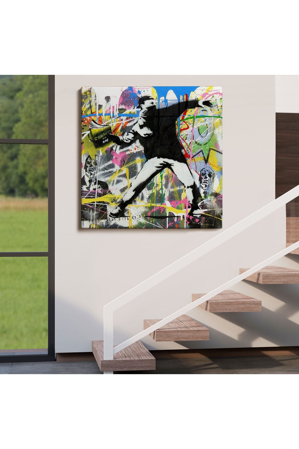 Fırlatma Çiçekleri Sokak Sanatı Kanvas Tablo, Renkli Çiçek Bombacısı, Anarşi Graffiti-5342