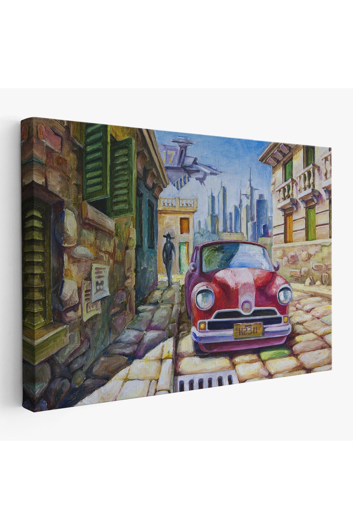Dekoratif Kanvas Tablo, Duvar Tablosu-Yağlıboya Görünüm Eski Kırmızı Araba 3433