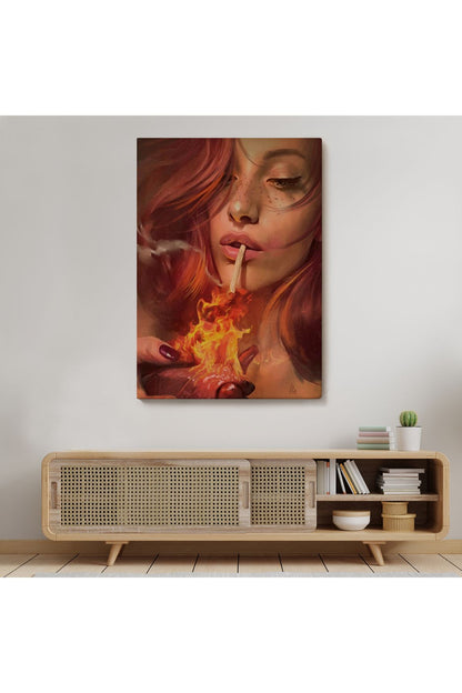 Platonik Aşkın Tavrı Sigarasını Yanan Bir Kalpten Yakan Kadın Kanvas Tablo-5247