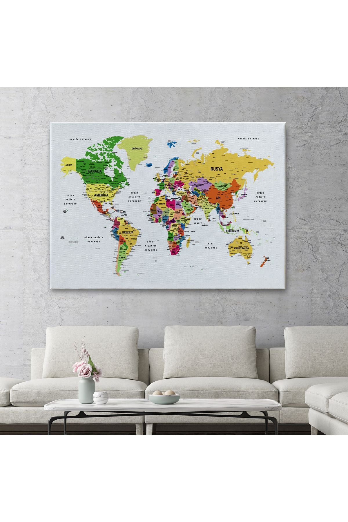 Türkçe Dünya Haritası Dekoratif Kanvas Tablo Son Derece Detaylı 1614