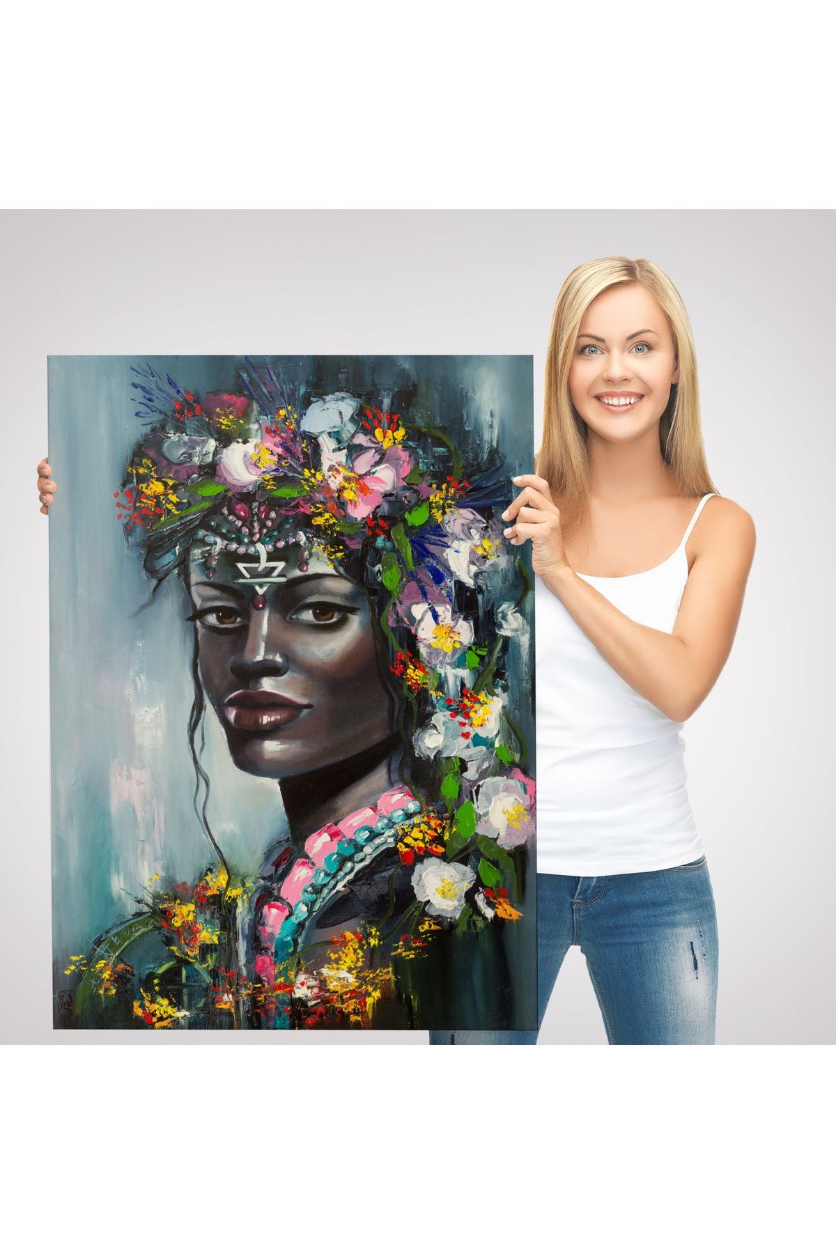 Çiçek Taçlı Afrikalı Kadın Kanvas Tablo-5979