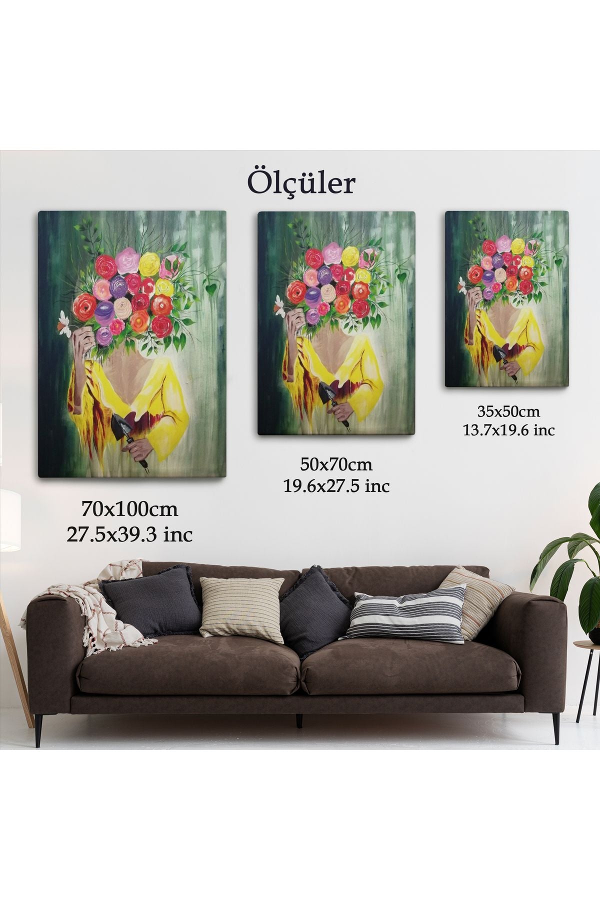 Çiçek Başlı Kadın Portresi Yağlıboya Görünüm Dekoratif Kanvas Duvar Tablosu -5124