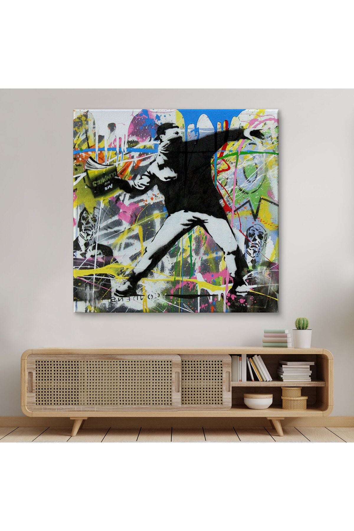 Fırlatma Çiçekleri Sokak Sanatı Kanvas Tablo, Renkli Çiçek Bombacısı, Anarşi Graffiti-5342