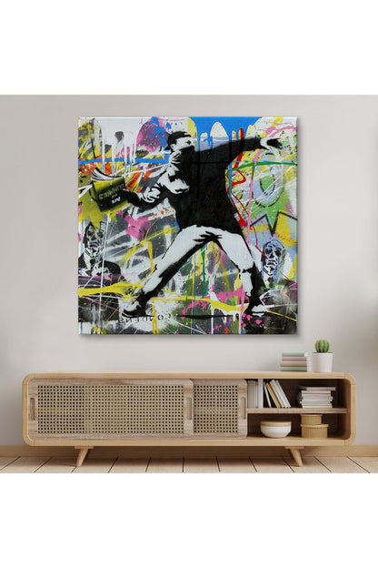 Fırlatma Çiçekleri Sokak Sanatı Kanvas Tablo, Renkli Çiçek Bombacısı, Anarşi Graffiti-5342