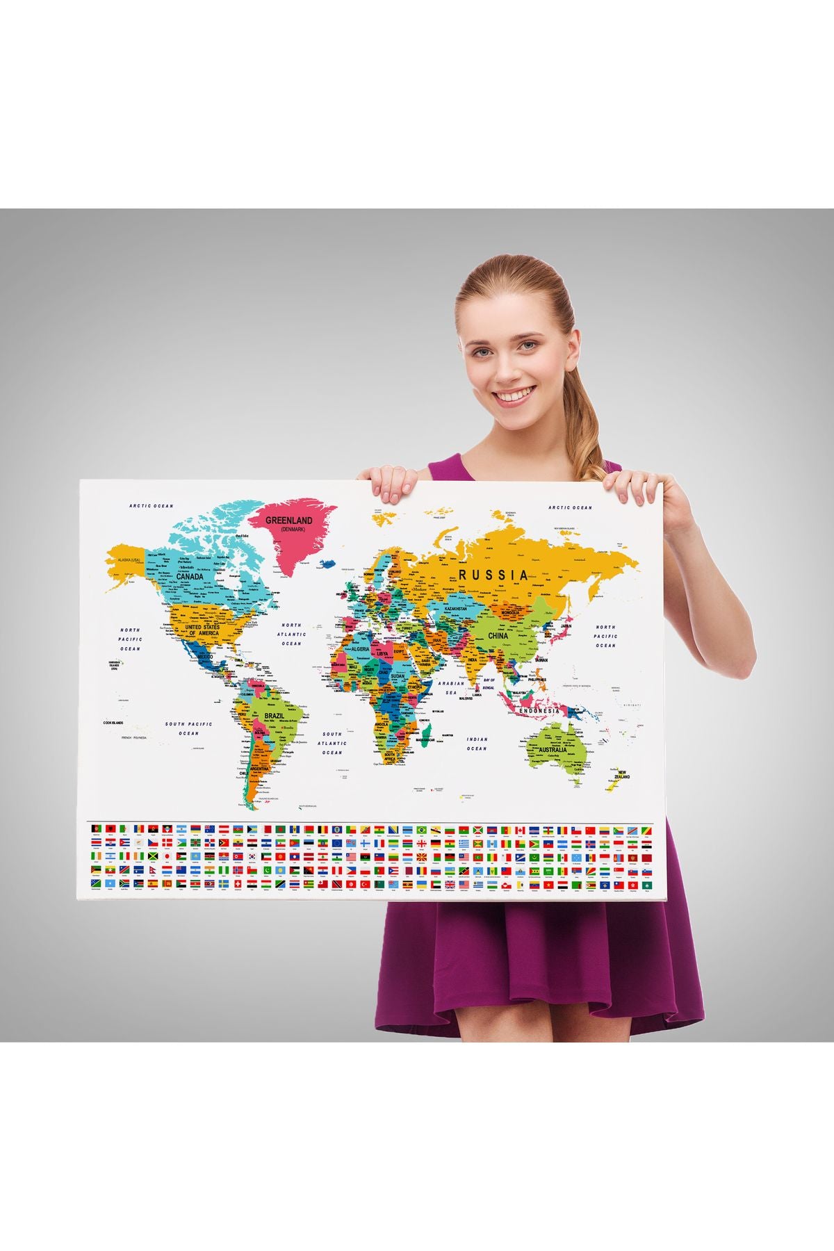 Dünya Haritası Son Derece Ayrıntılı Eğitici ve Bayraklı Dekoratif Kanvas Tablo 2796