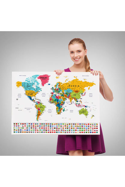 Dünya Haritası Son Derece Ayrıntılı Eğitici ve Bayraklı Dekoratif Kanvas Tablo 2796