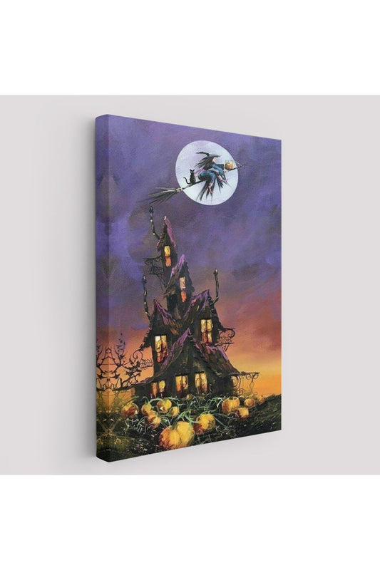 Süpürge İle Uçan Cadı ve Kedisi Cadılar Bayramı Helloven Duvar Tablosu -6078