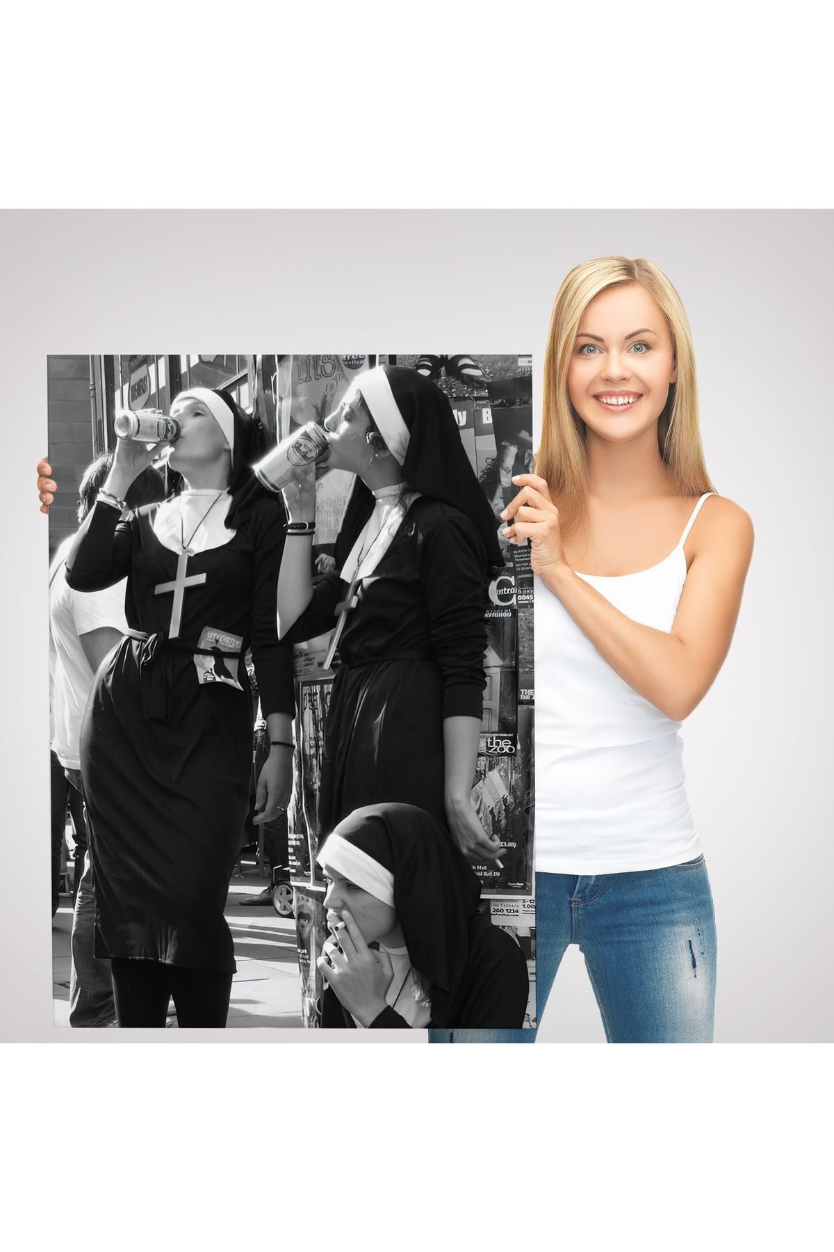 Asi Rahibeler Kanvas Tablo, İçme ve Sigara Parodisi, Siyah Beyaz Sokak Sanatı-5215