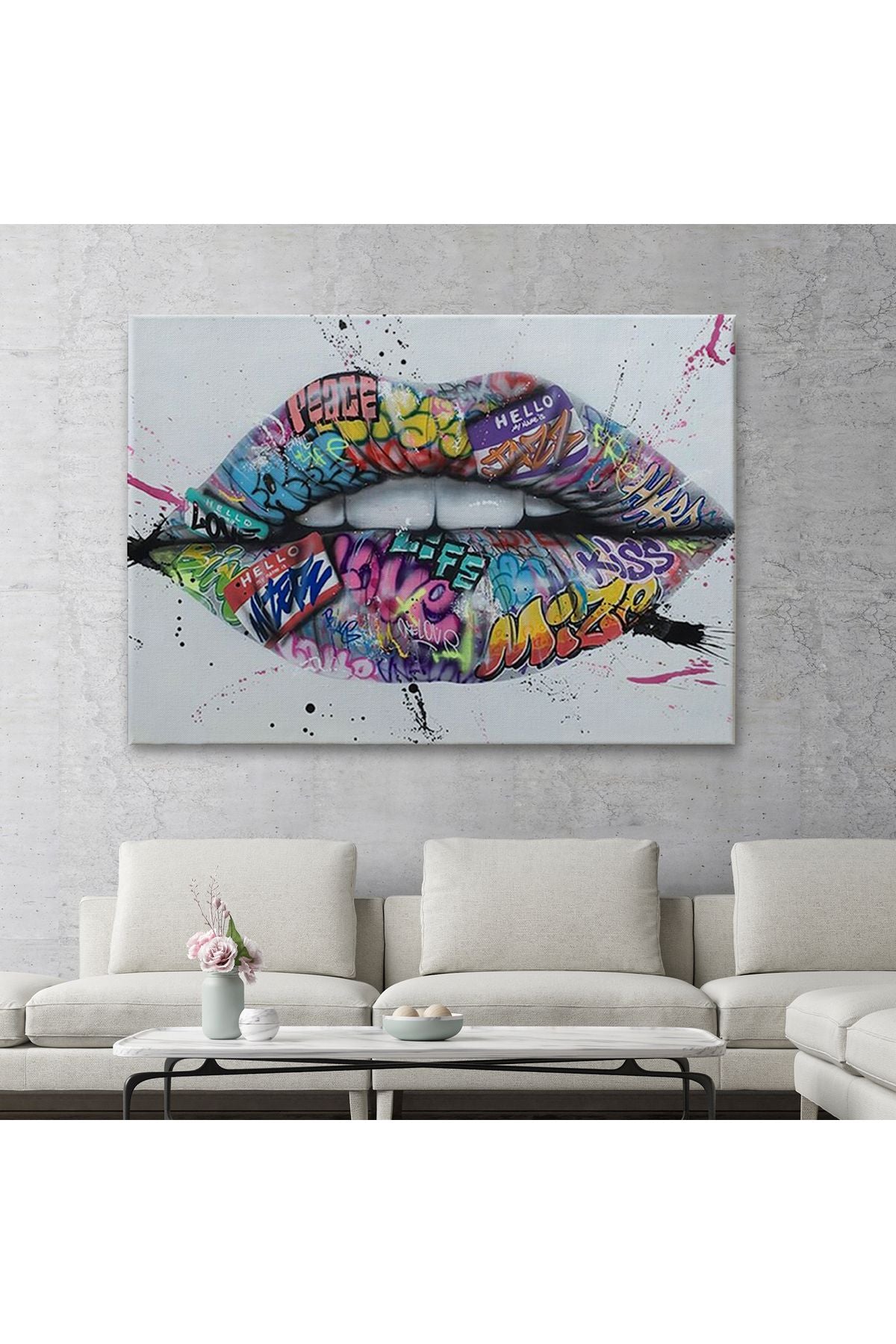 Dudak ve Diş Kanvas Tablo, Banksy Dudaklar Sokak Graffiti Sanatı Kanvas Tablo-5414