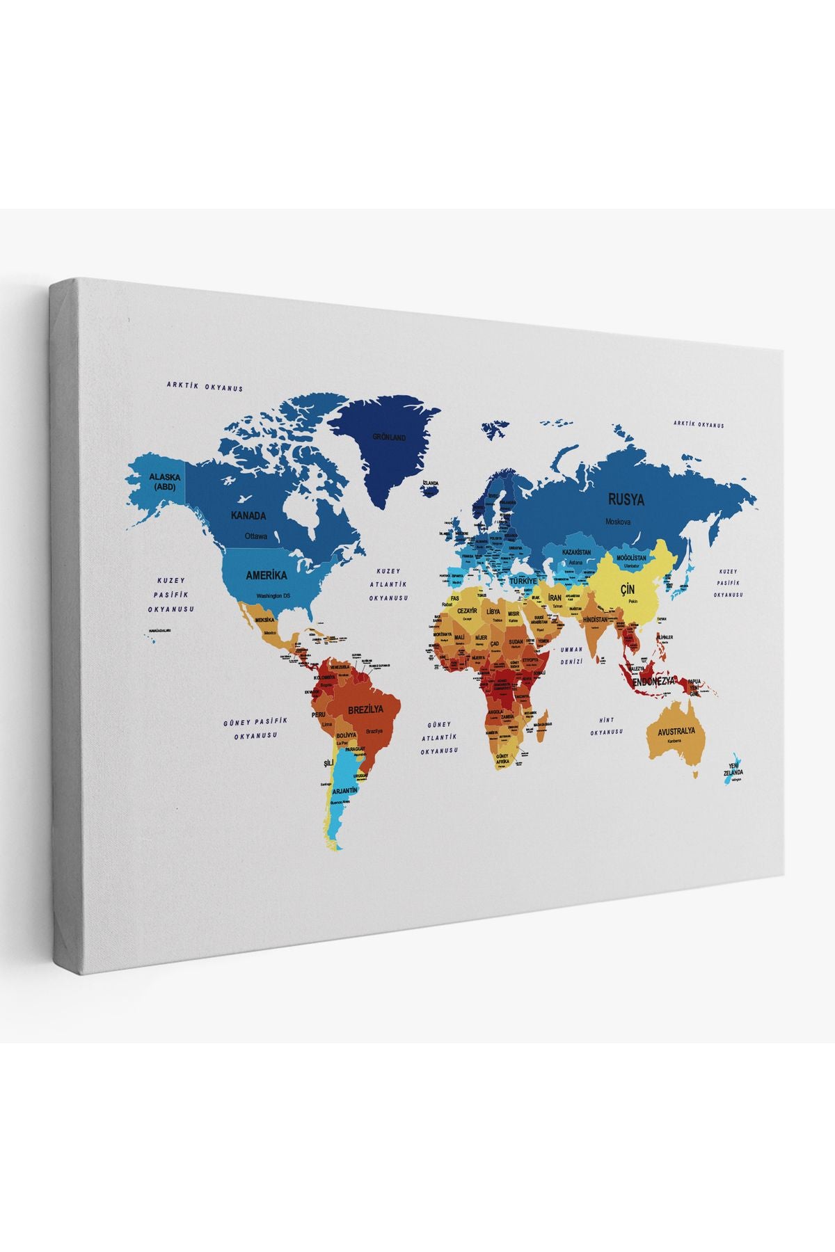 Türkçe Dünya Haritası Dekoratif Kanvas Tablo Ülke ve Başkentli 1492