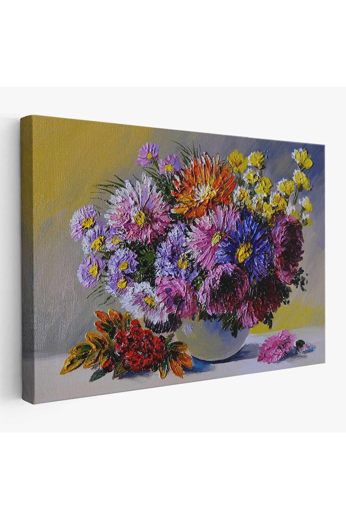 Renkli Çiçekler Yağlıboya Görünüm Dekoratif Kanvas Duvar Tablosu-3448