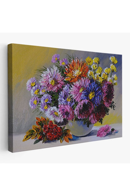 Renkli Çiçekler Yağlıboya Görünüm Dekoratif Kanvas Duvar Tablosu-3448