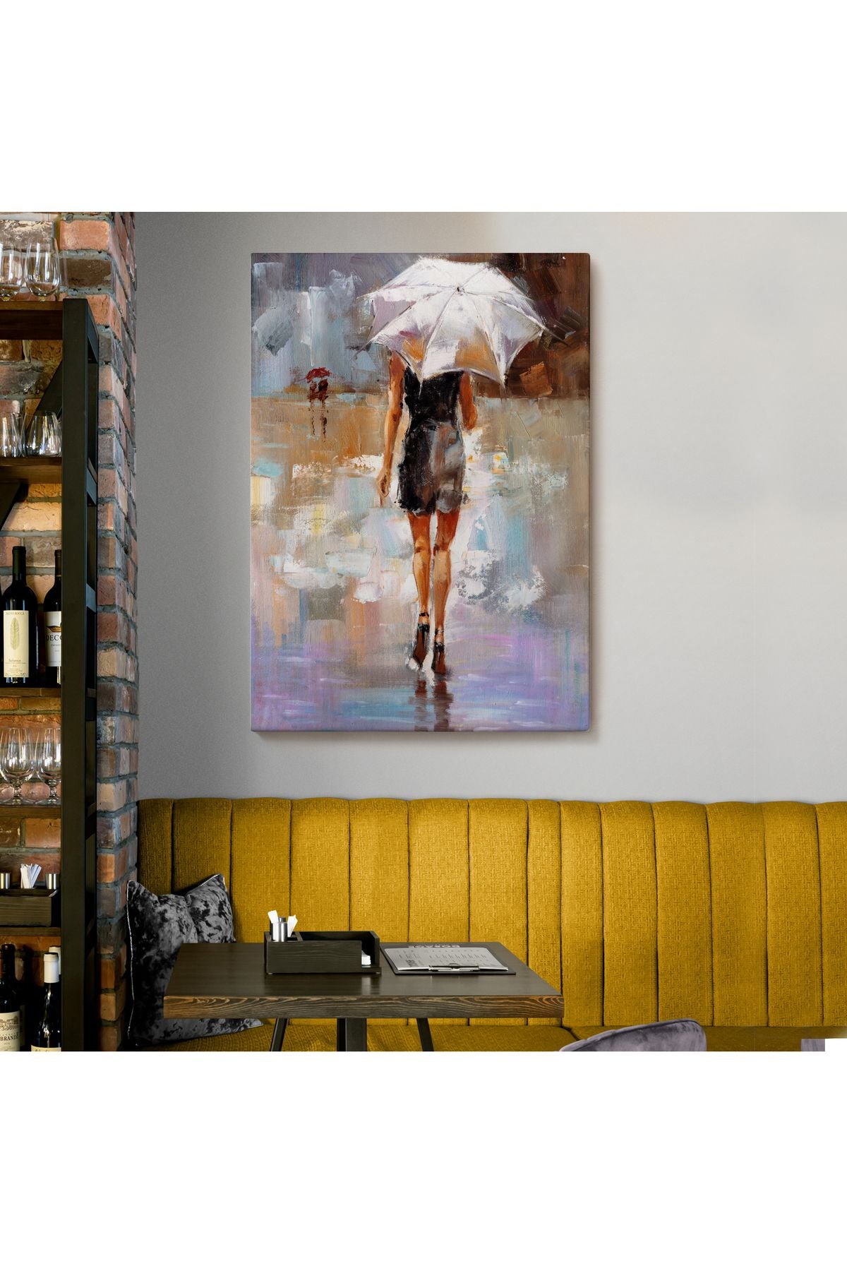 DB  Yağmurda Yürüyen Kadın Yağlıboya Görünüm Dekoratif Kanvas Duvar Tablosu-5928