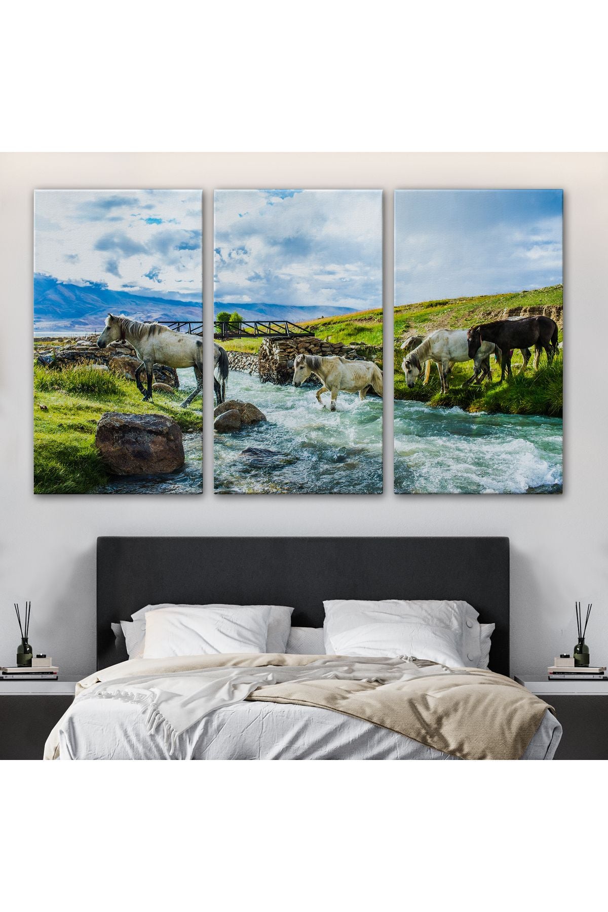 Dereden Geçen Atlar Manzaralı Dekoratif Kanvas Tablo 1169